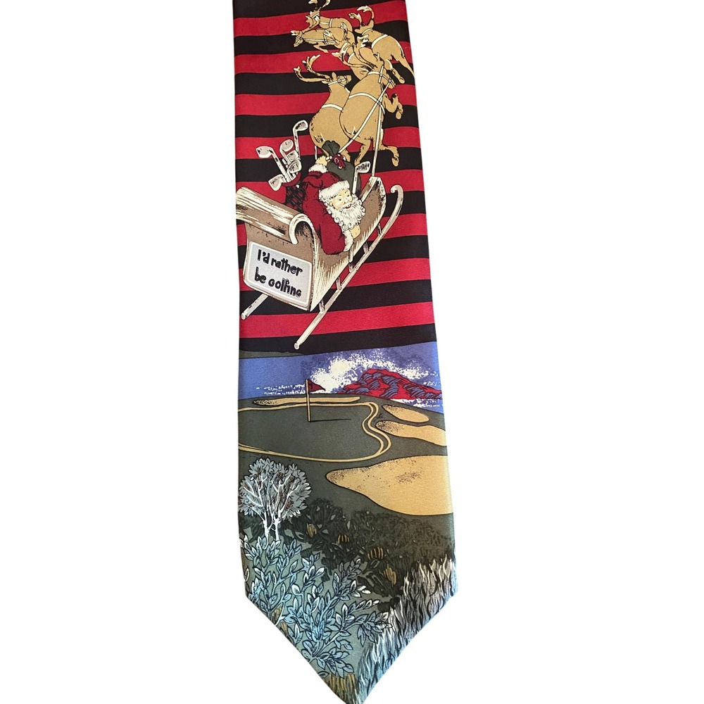 CC Hughes Mens Silk Tie‎ Christmas Santa I'd Rather Be Golfing Red Black Striped